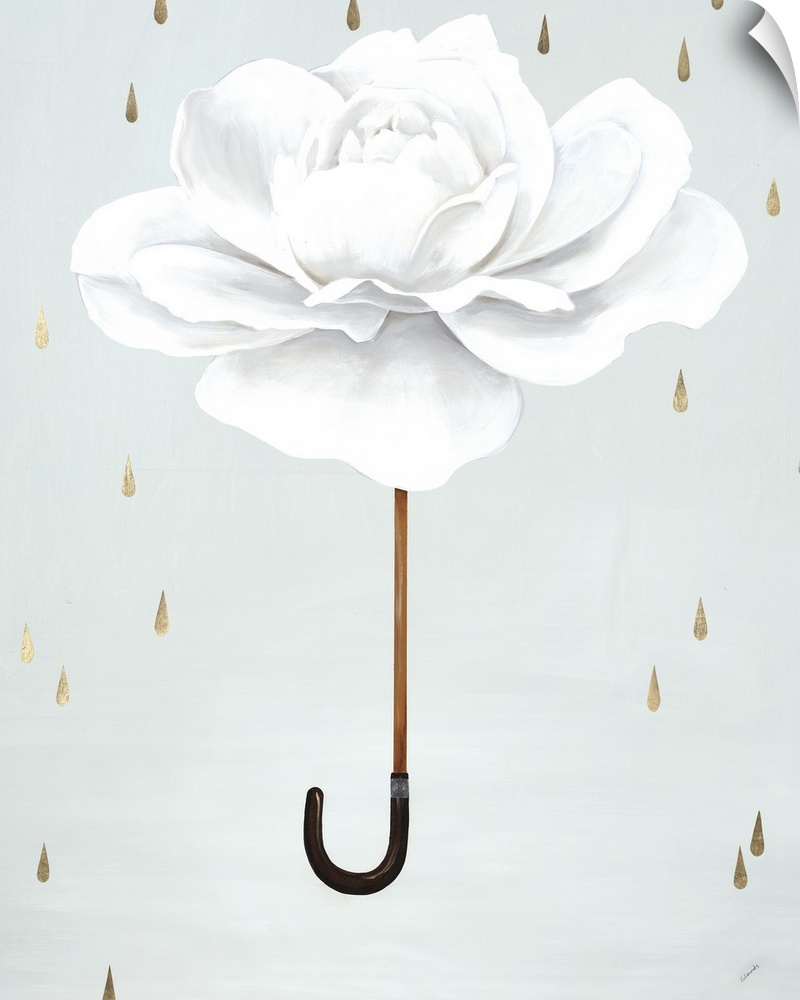 A conceptual painting of a white rose as an umbrella with gold rain drops falling down.