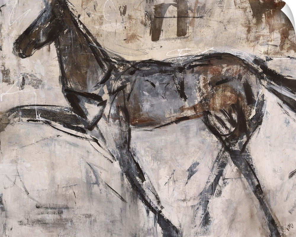 Contemporary painting of a horse facing left lifting one of its front legs, almost appearing as if in motion.