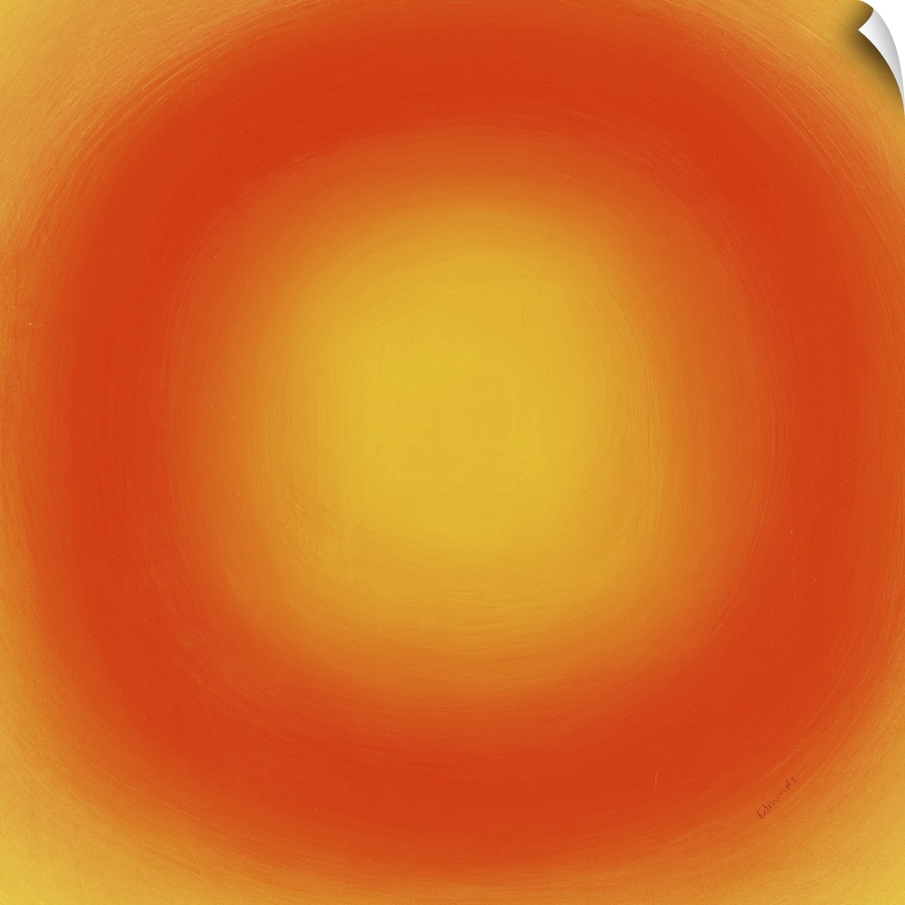 A contemporary abstract painting of an orange circle with gradating green circles moving concentrically outward.