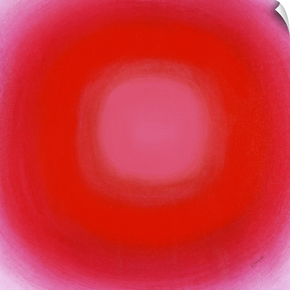 A contemporary abstract painting of a red circle with gradating green circles moving concentrically outward.