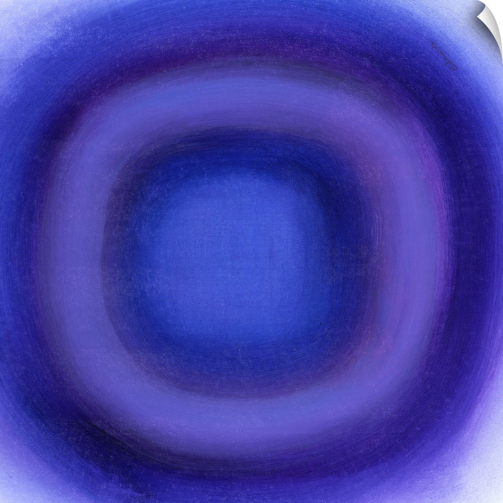 A contemporary abstract painting of a purple circle with gradating green circles moving concentrically outward.
