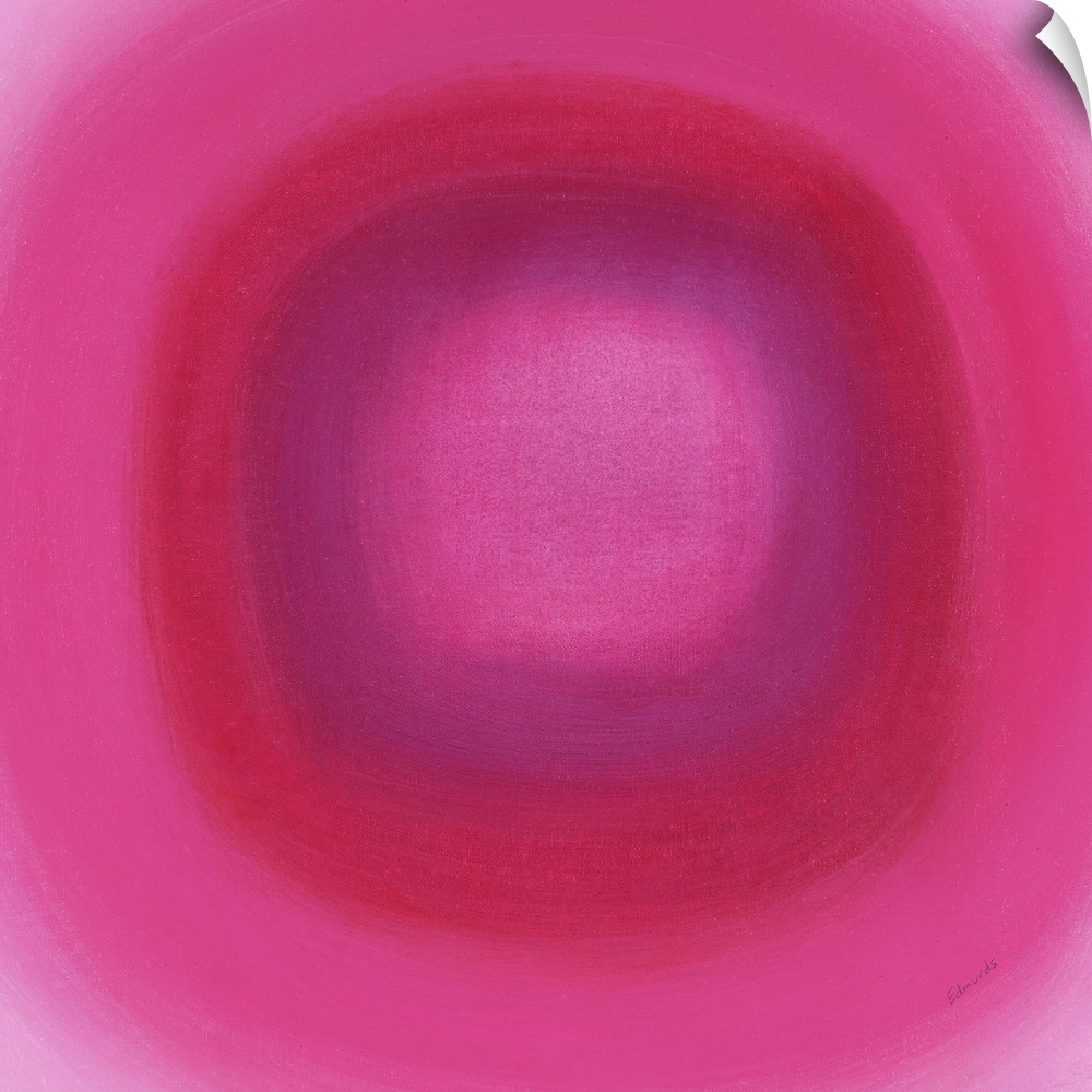 A contemporary abstract painting of a pink circle with gradating green circles moving concentrically outward.