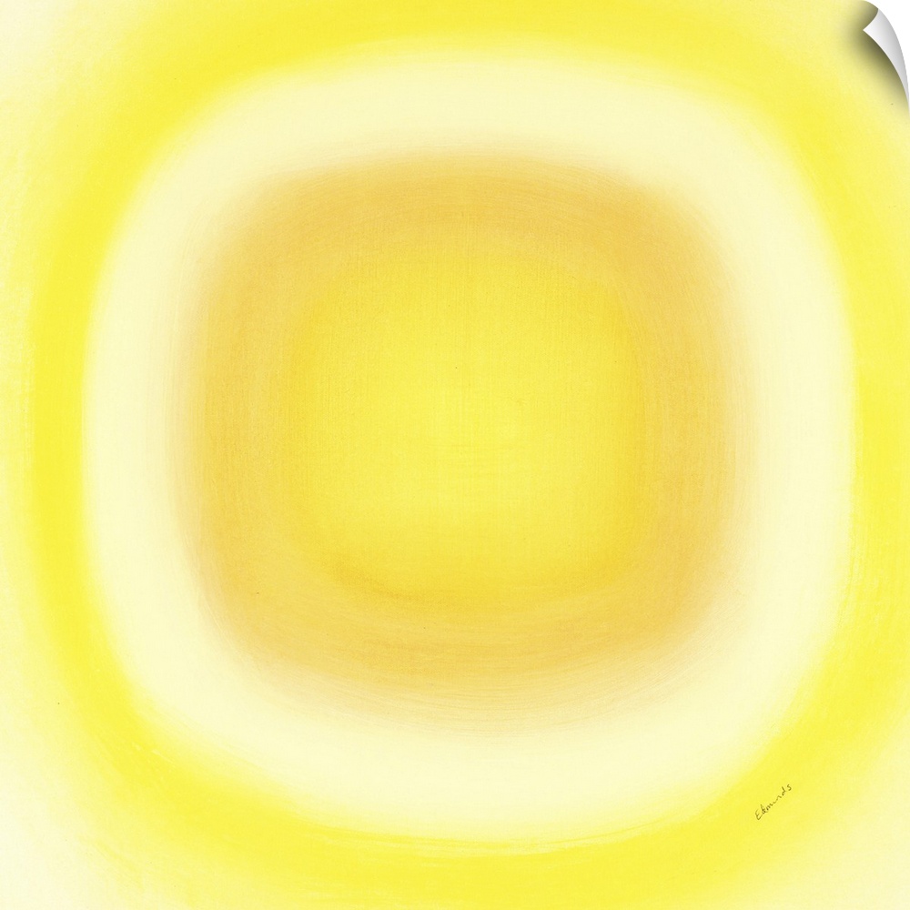 A contemporary abstract painting of a yellow circle with gradating green circles moving concentrically outward.