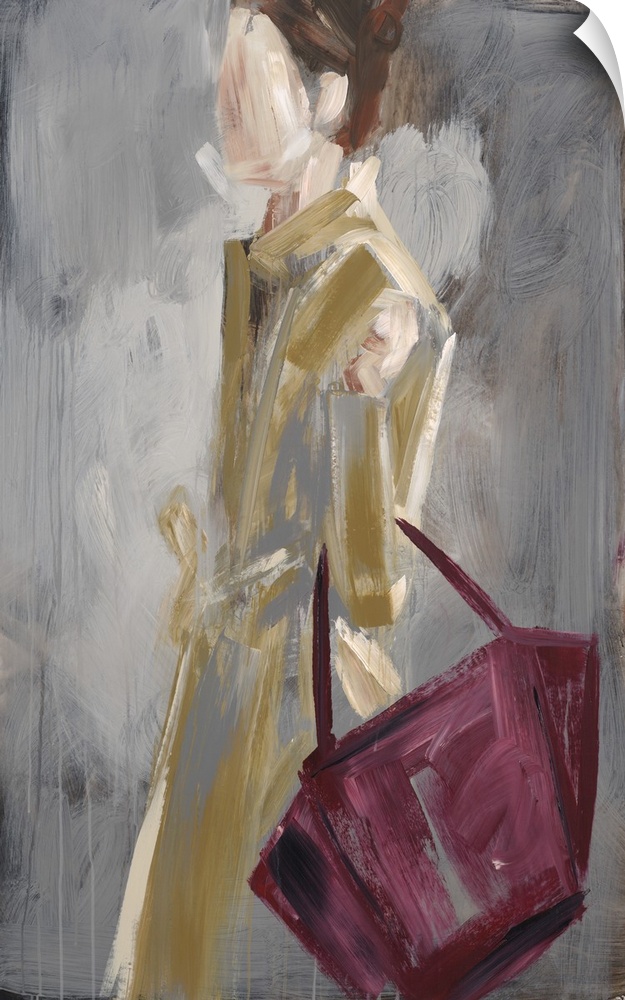 Contemporary artwork of a fashionable woman holding a red handbag.
