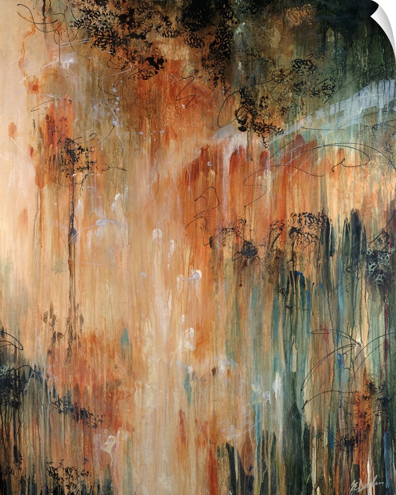 Abstract painting of dark paint splashed and dripped on top of warm tones.