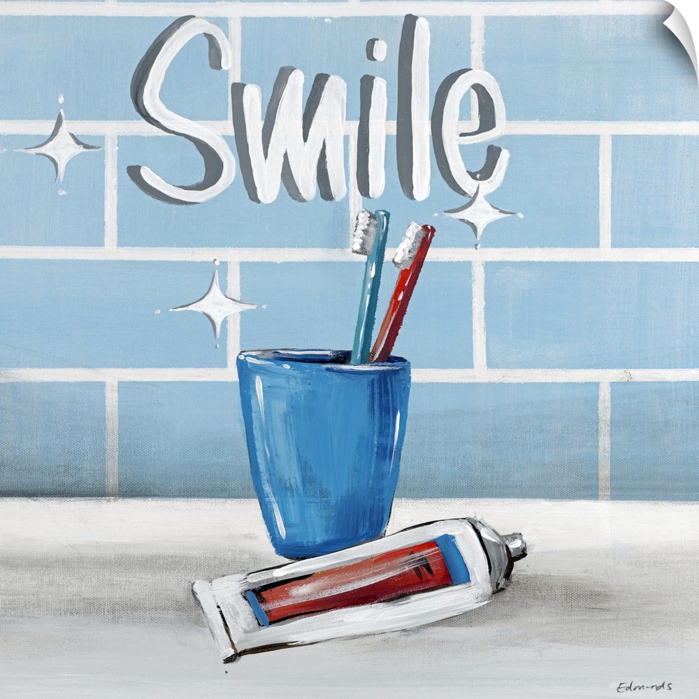 Contemporary painting of a blue cup holding toothbrushes, with a tube of toothpaste in front.