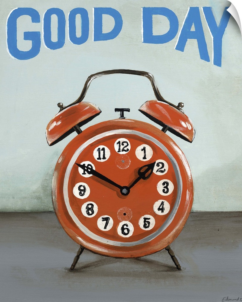 Contemporary painting of a classic red alarm clock.