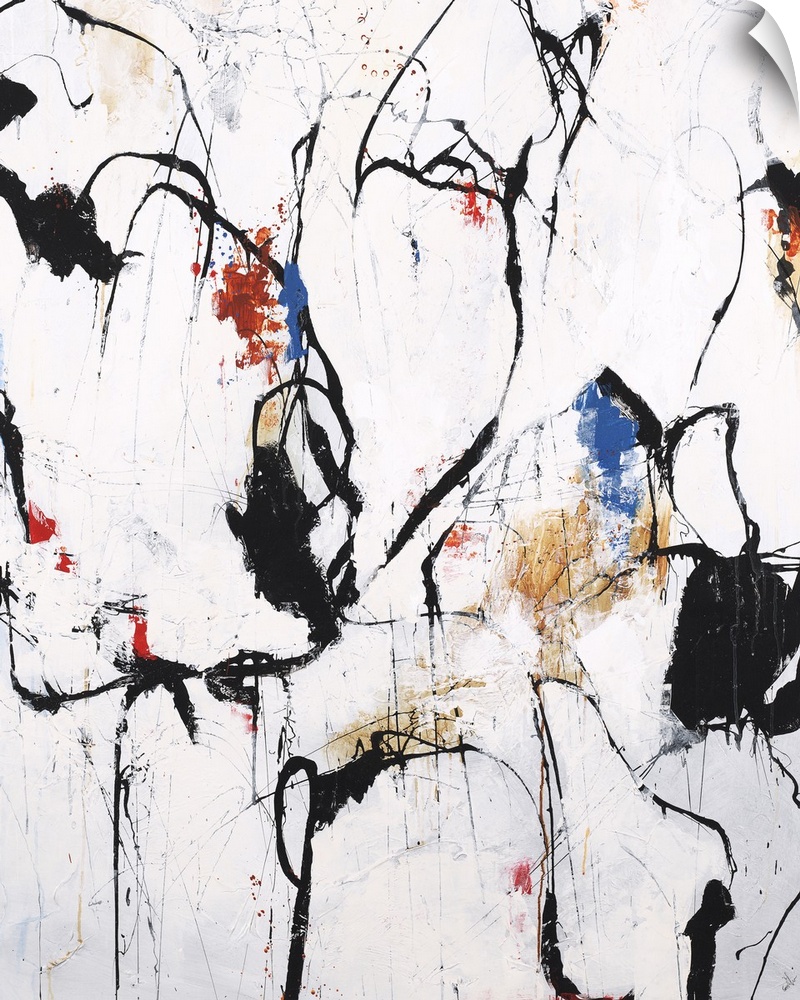 Abstract artwork with bold, black lines and blotches of color on a white background with orange, red, and blue splatters.