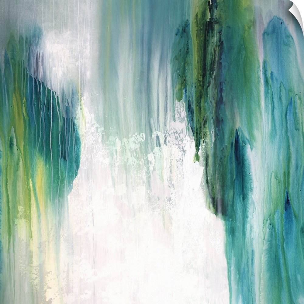 Square abstract painting with shades of blue and green coming together and falling from top to bottom of the canvas on a w...