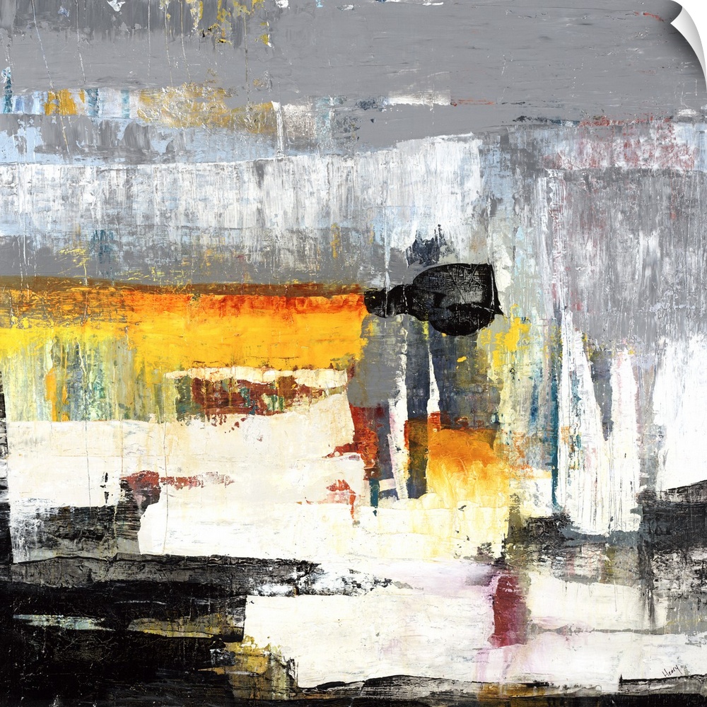 Contemporary abstract painting using neutral tones with splashes of orange and red in a distressed fashion.