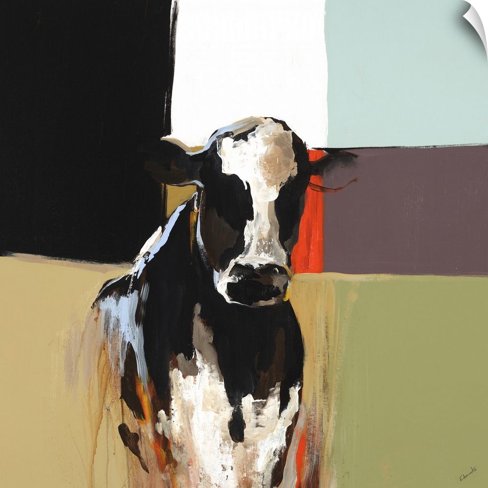 Contemporary painting of the bust of a black and white cow, on a multicolored background of squares and rectangles.