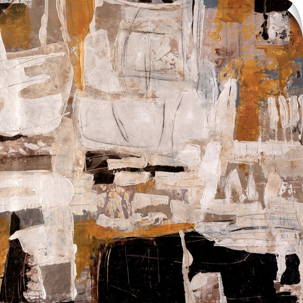 Abstract artwork that is mostly off white with chunks of black and tan thrown in.