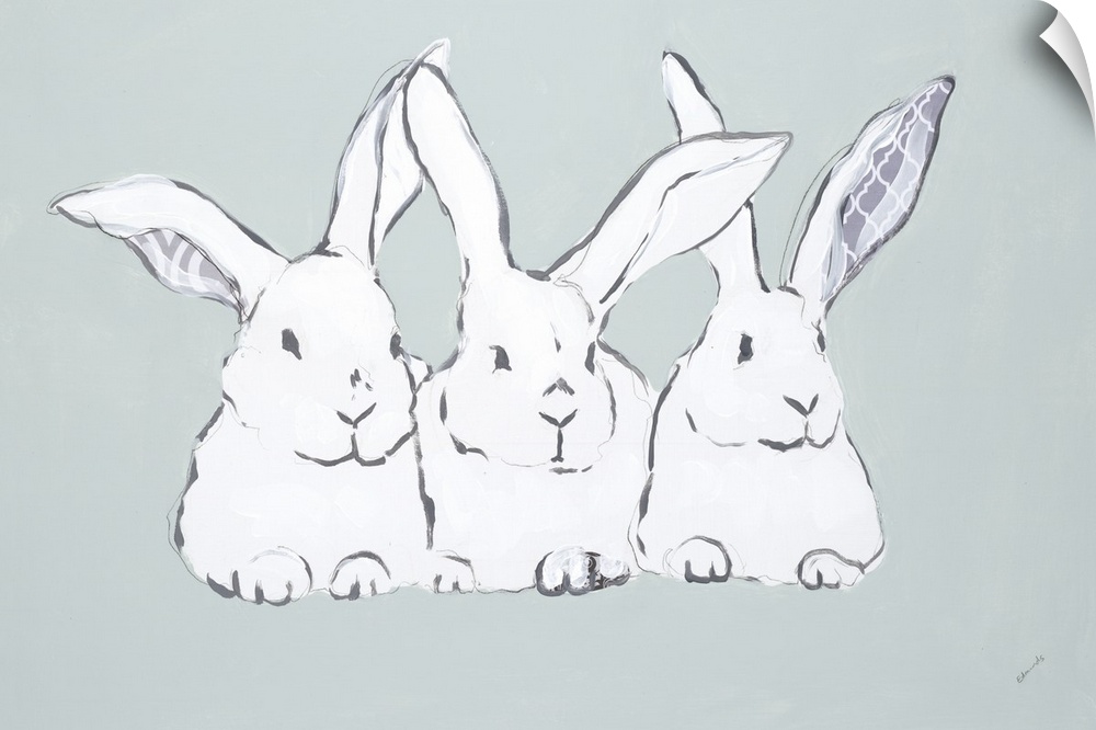 A group of three white rabbits sitting side by side, with their ears up at alert.