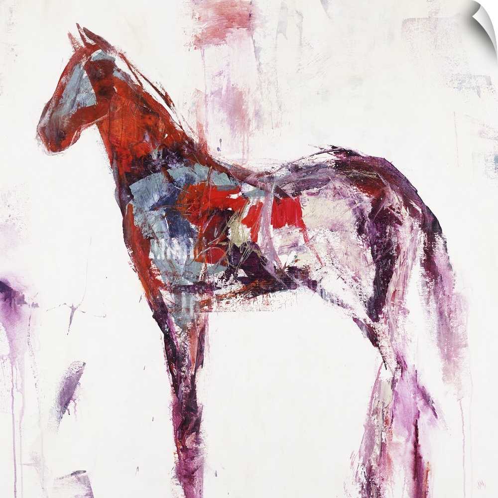 An abstract painting in the form of a horse using bold brush strokes of warm colors of red, magenta and blues.