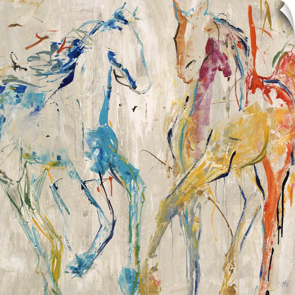 Contemporary painting of two horse figures in bright blue and red.