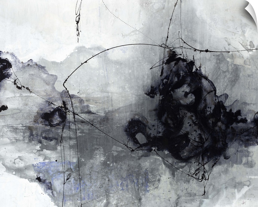 Contemporary painting of a black and gray cloud-like shape against a neutral background.