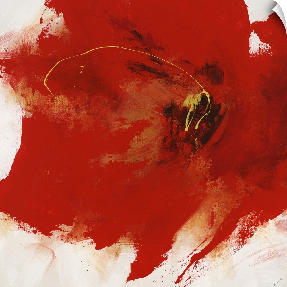 Abstract painting of a large red flower with edges that are spattered and roughly brushed on a solid white background.