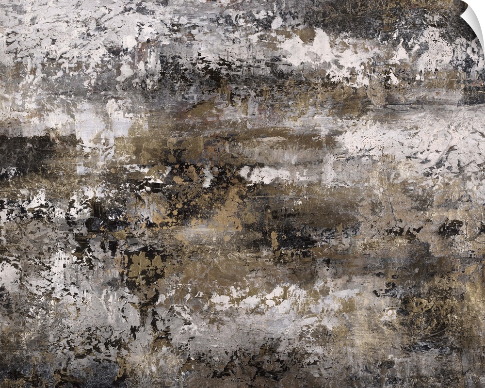 Abstract painting using textured looking gray tones to form what almost appears as a landscape.