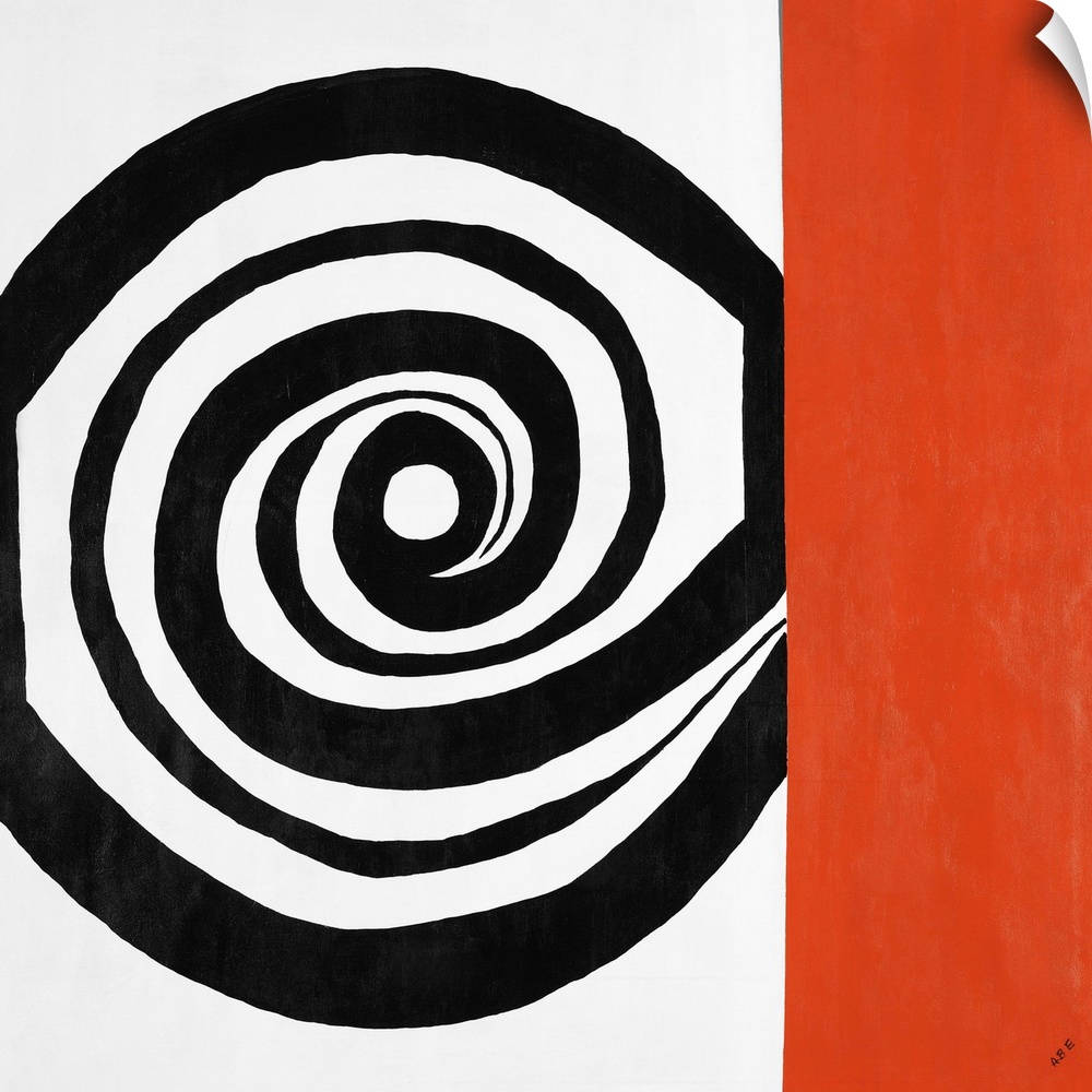 Contemporary abstract painting of a black spiral shape next to a vertical red rectangle.