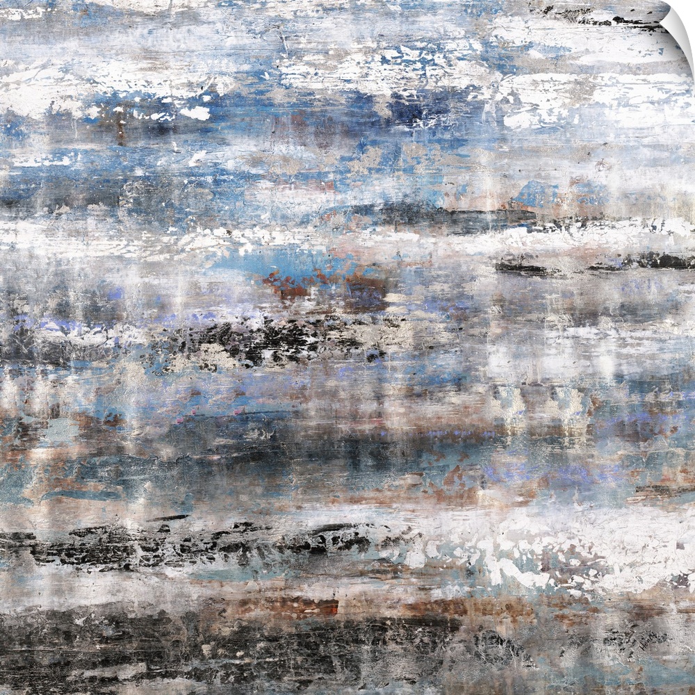 Contemporary abstract painting in cool tones of blue and brown, with white streaks.