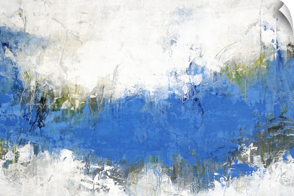 Contemporary abstract painting with a bright blue band through the center.