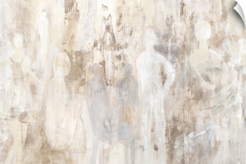 Contemporary abstract painting in shades of white with subtle figures.