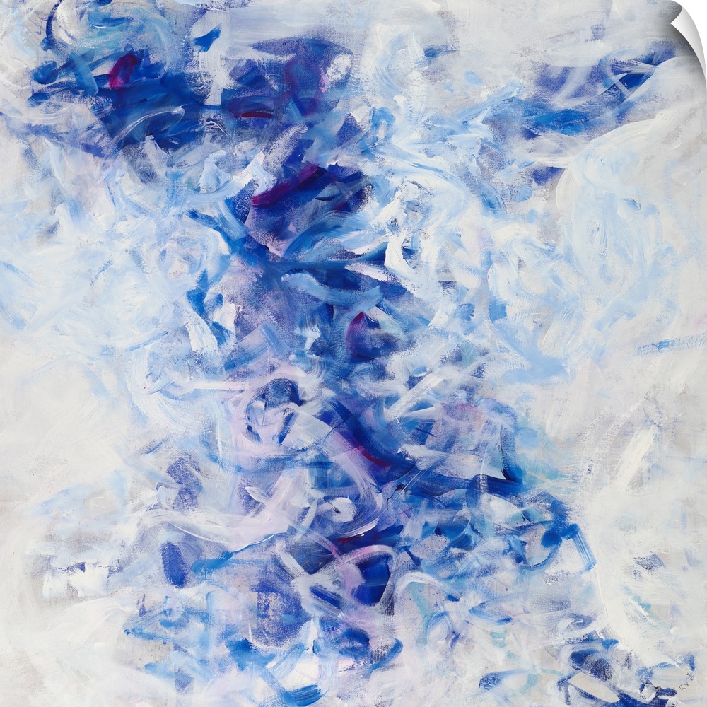 Large abstract painting in shades of blue, gray, and white with small hints of purple in squiggly lines all over.