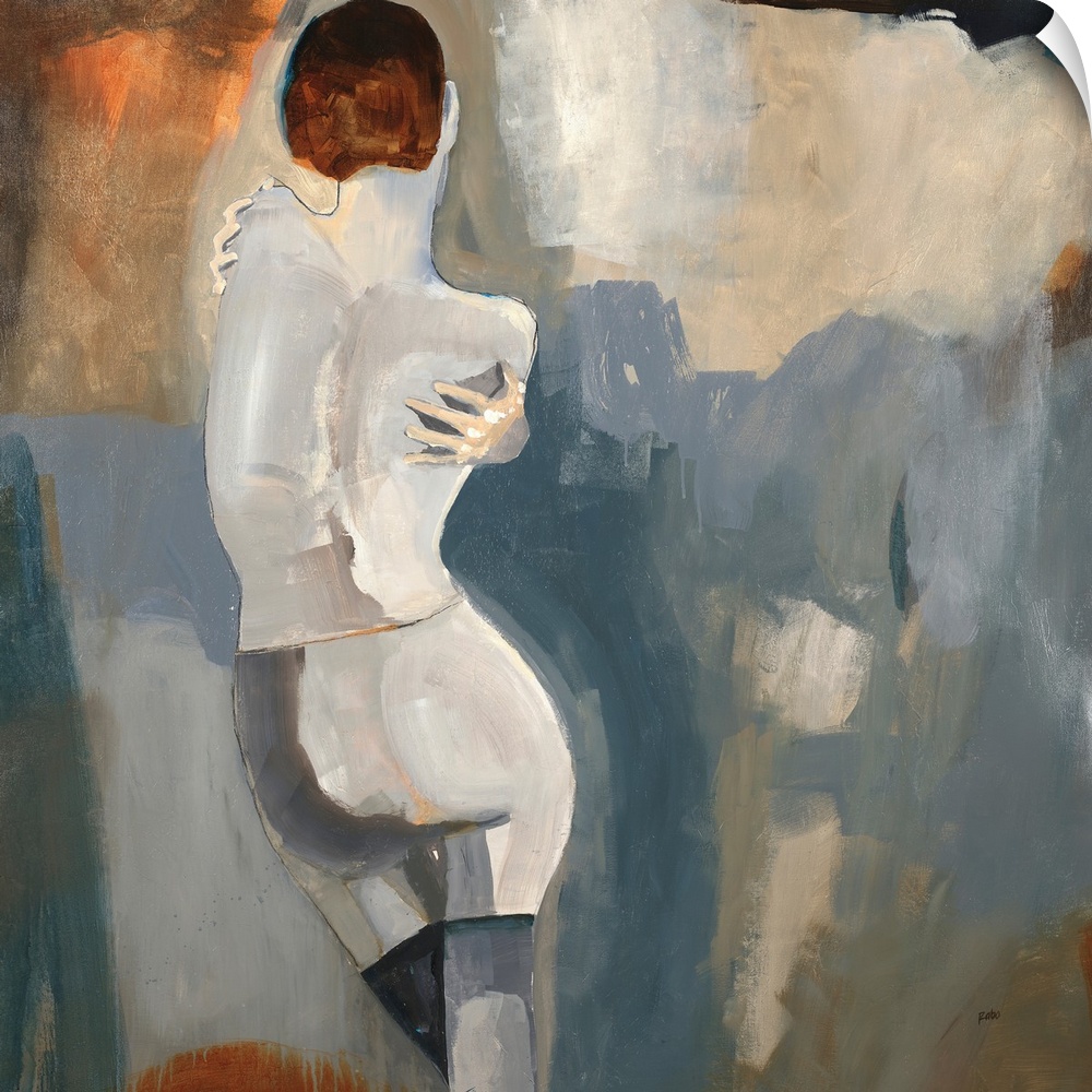 Contemporary artwork of a woman wrapping her arms around herself with a background made with blue, gray, orange, and beige...