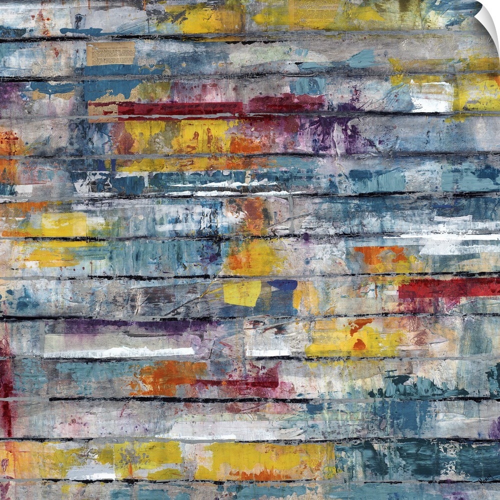 Contemporary abstract painting of splashes of color on weathered planks.