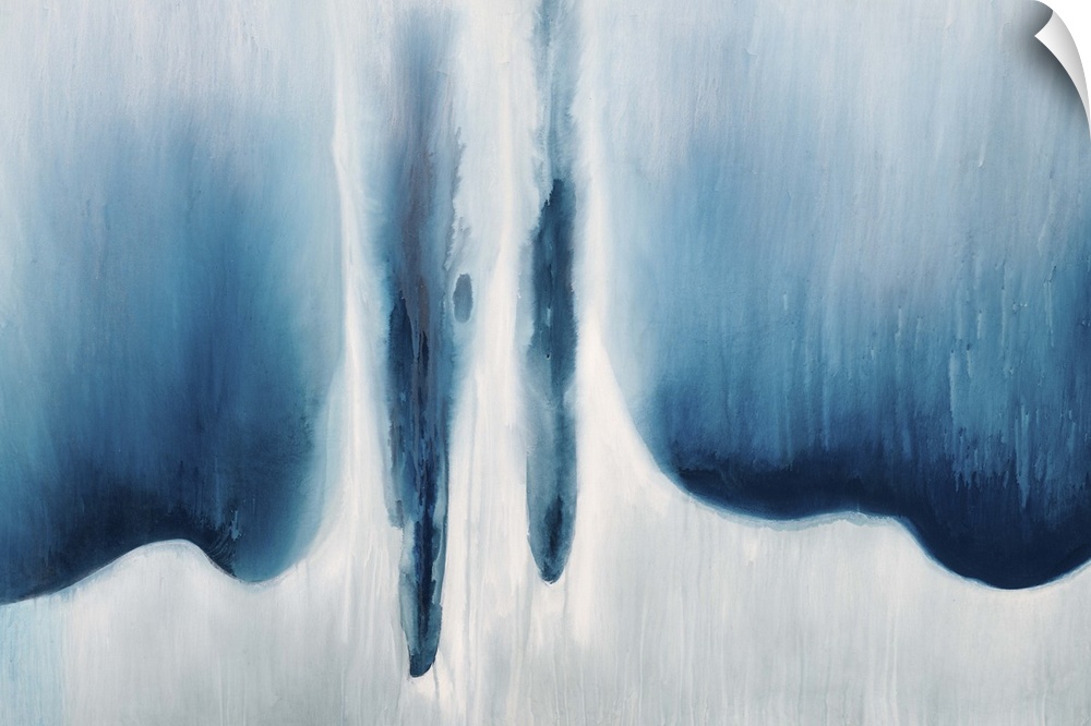 Abstract artwork in cool blue tones resembling falling water.