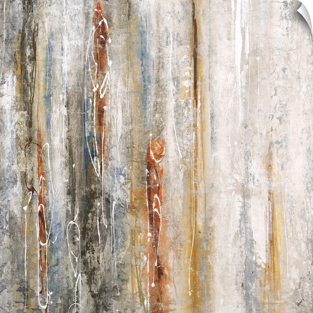 Contemporary abstract painting with vertical stripes of brown and white.