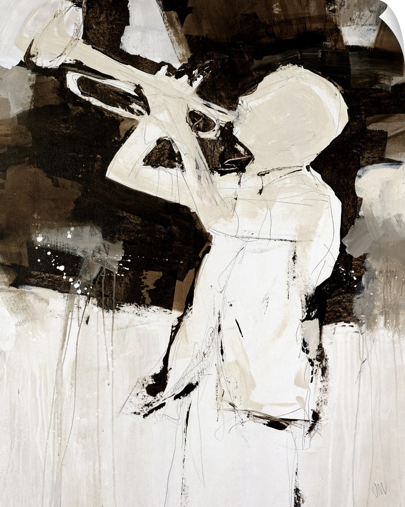 Contemporary artwork of a trumpet player who is outlined by the dark background.