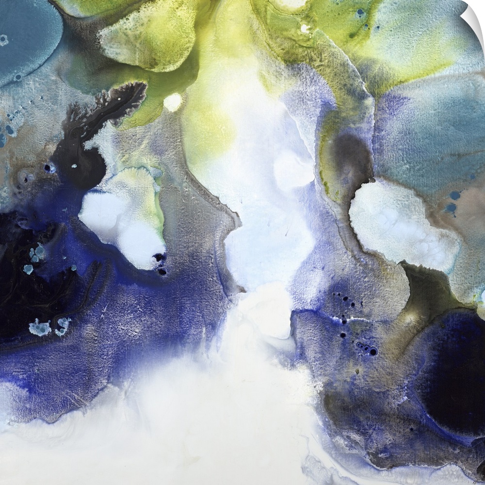 Abstract contemporary painting in purple, blue and green tones, in a liquid spotted appearance.