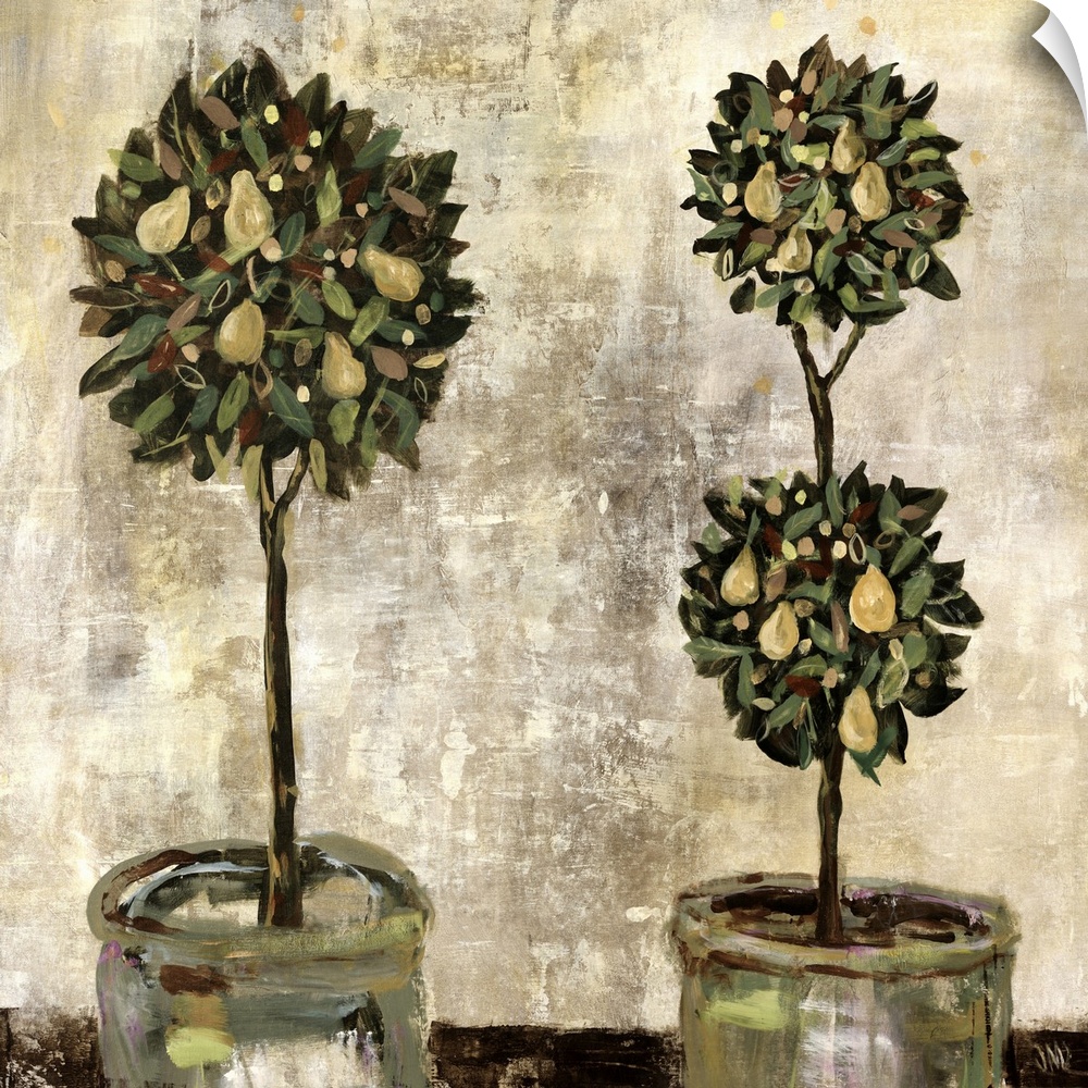 Two large planters are painted in front of a rustic background each with pear trees growing out of them.