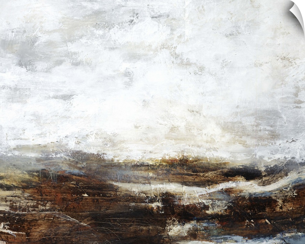 Contemporary painting of a landscape under a heavy fog shrouding the mountains in the distance.