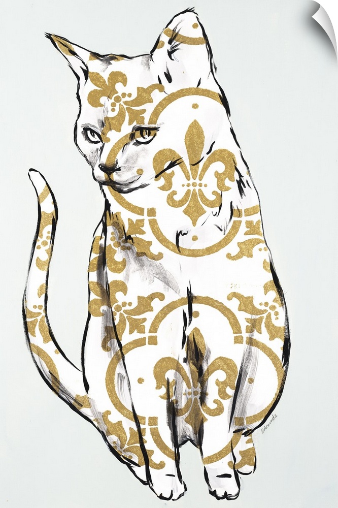 Painting of a white cat with shiny gold designs using the fleur de lis.