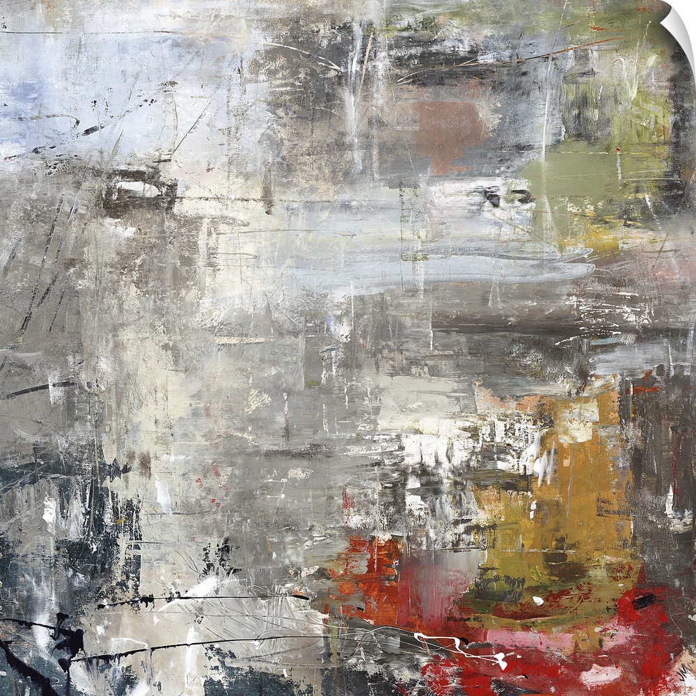 Square abstract painting of textured natural colors such as gray, brown and red.