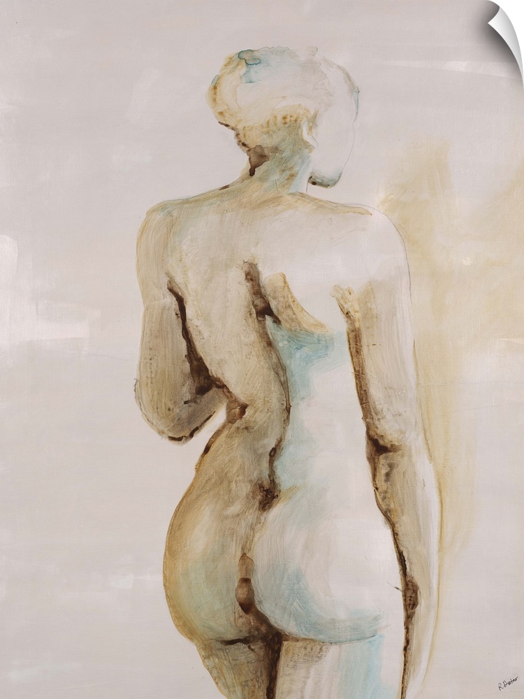 Contemporary figurative painting of a nude female standing with back facing viewer.