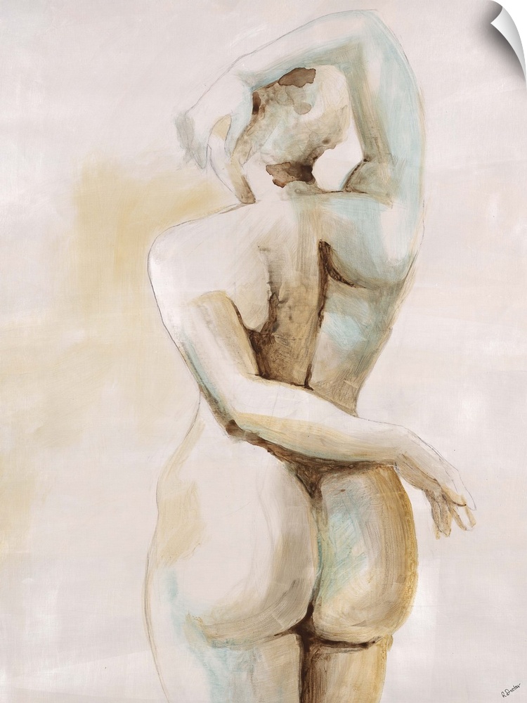 Contemporary figurative painting of a nude female standing with back facing viewer. Her left arm behind her and her right ...