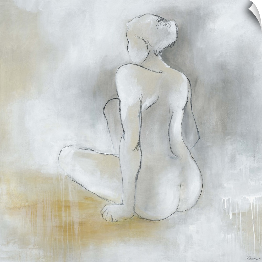 Contemporary painting of a seated nude female figure against a pale neutral background.