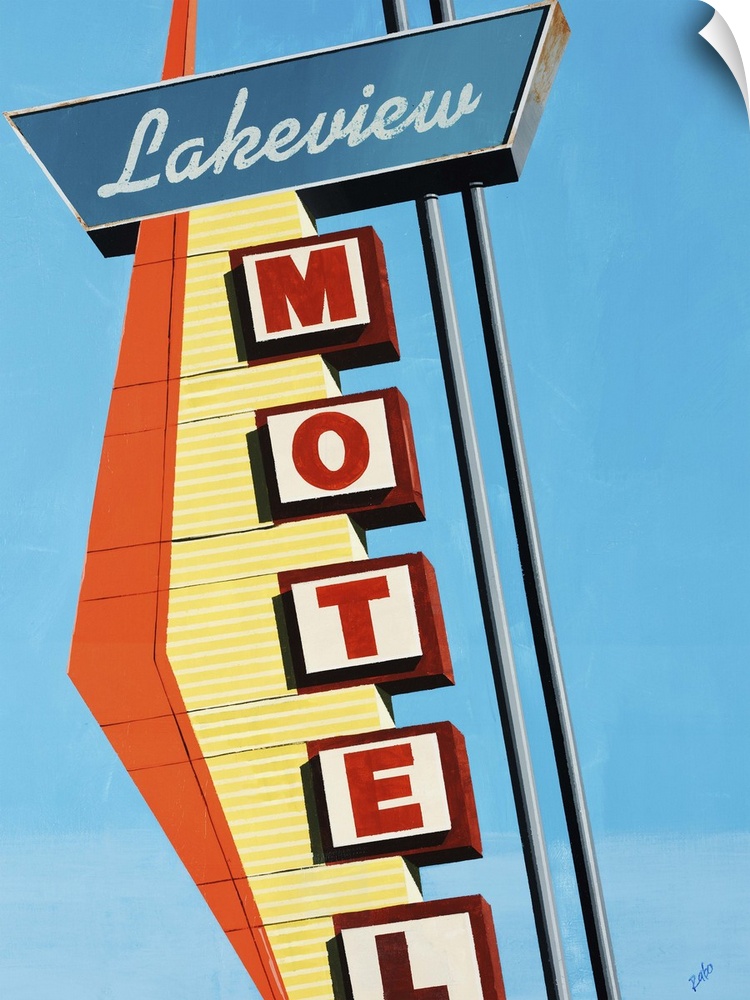 Painting of a vintage motel sign with a diamond shaped decorative element, against a bright blue cloudless sky.