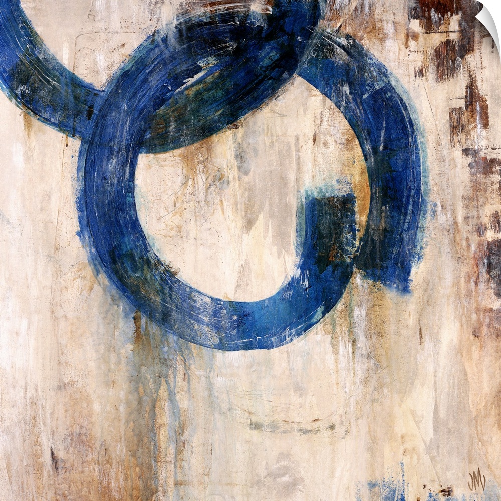 Abstract artwork of a mostly neutral background that has two blue rings that are interlocked.
