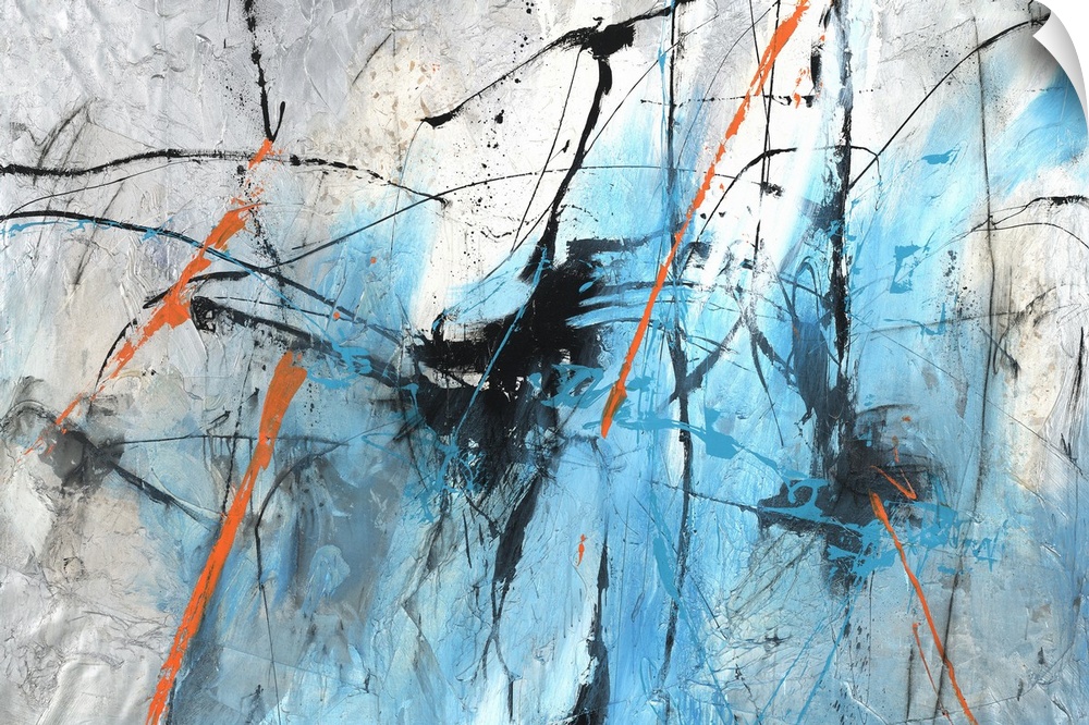 Large abstract painting with busy lines of color in bright blue and orange with black and white mixed in on a silver backg...