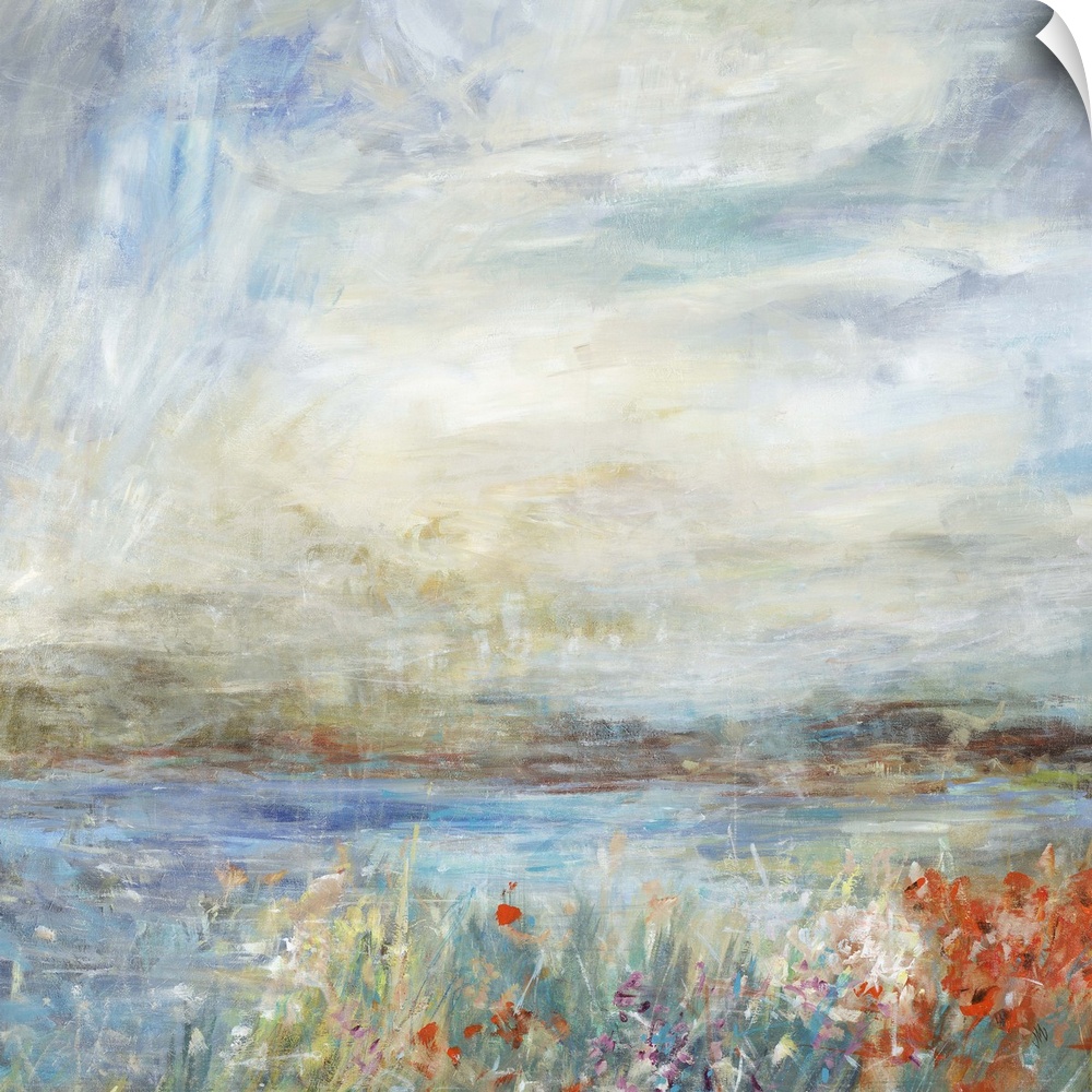 Contemporary landscape painting looking out onto a lake in the countryside.