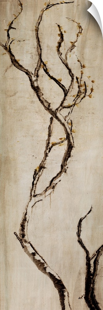 Contemporary vertical art piece of a bare tree branch sticking up on a neutral background.