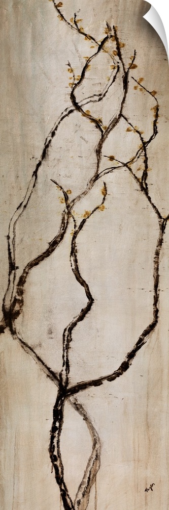 Vertical Panoramic painting of long, thin, and curved tree branches flowing upward.  There are tiny flower buds on the end...