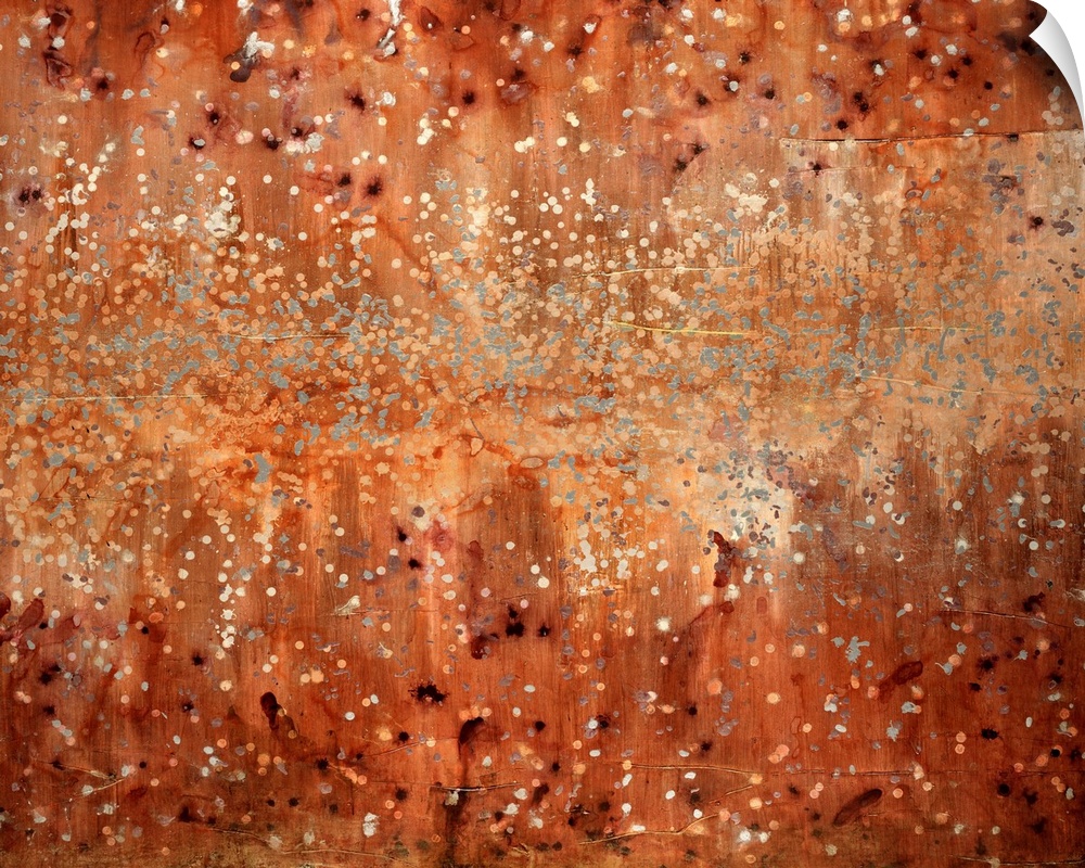 Abstract painting consisting of dots and tiny circles scattered over a neutral background.