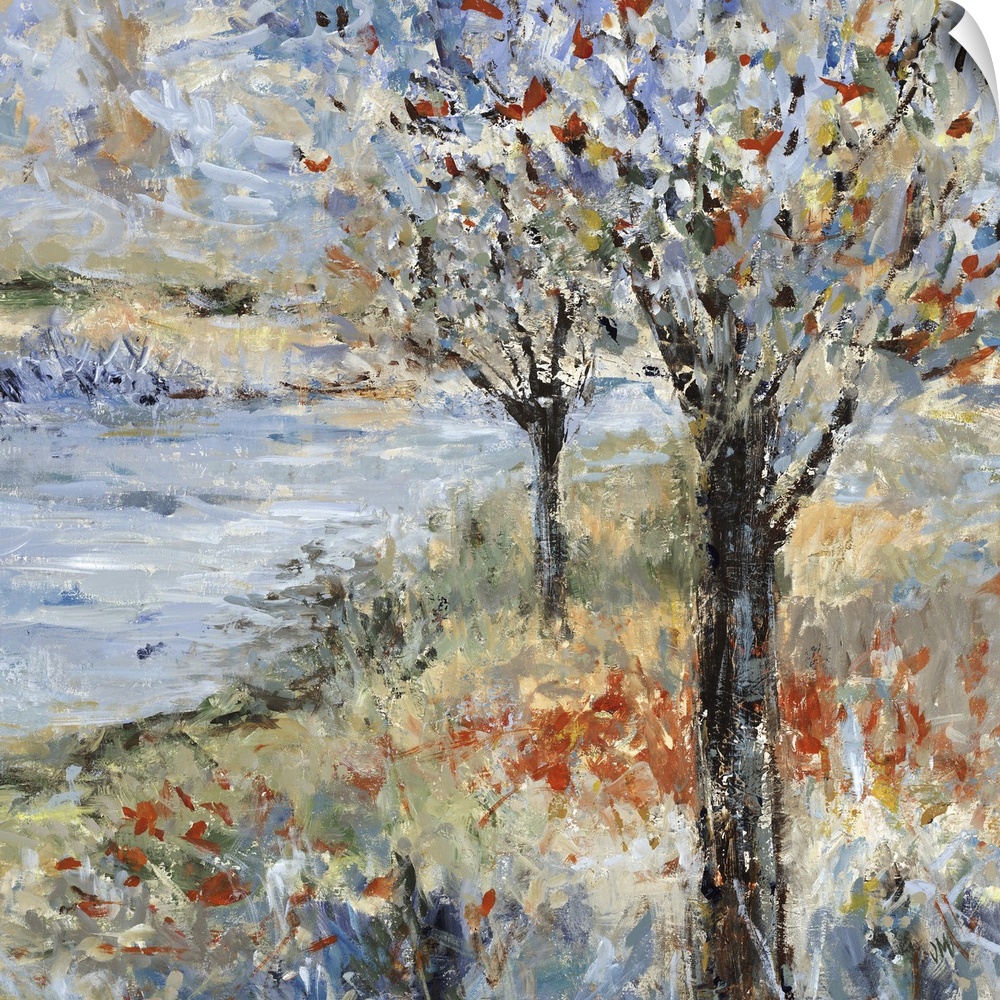 A decorative landscape of textured brush strokes of trees and a river during spring.