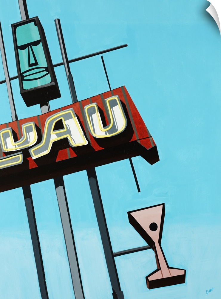 Painting of a vintage luau sign that includes a tiki head and a martini glass, in front a bright blue cloudless sky.