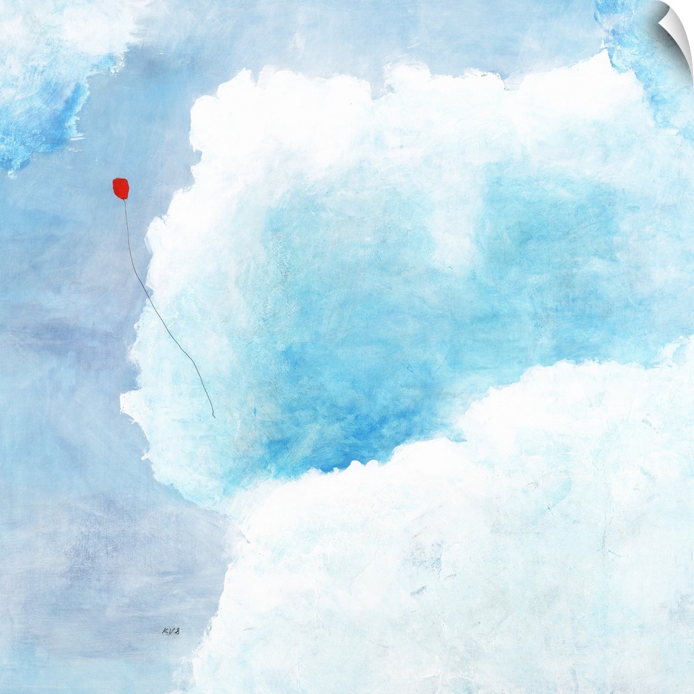Contemporary painting a red balloon soaring through puffy blue clouds.